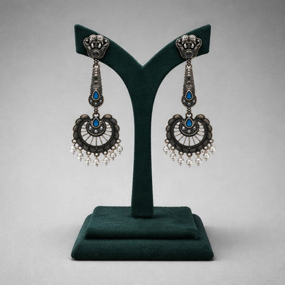 Oxidised Metal Circular Hanging Earrings with Blue Stone & White Beads LP- 48Hr Delivery
