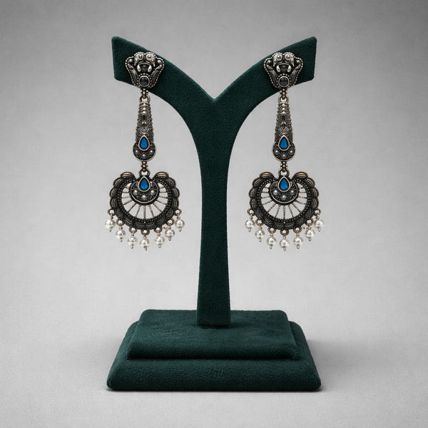 Oxidised Metal Circular Hanging Earrings with Blue Stone & White Beads LP- 48Hr Delivery