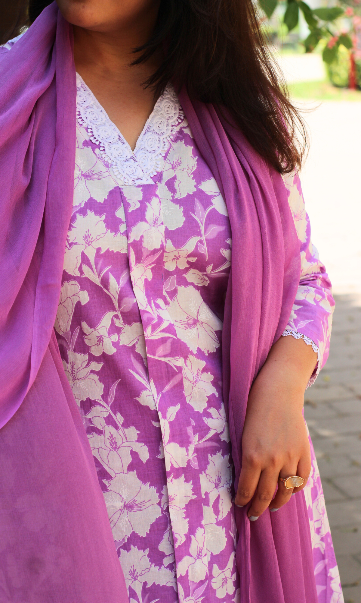 Baareeki Cotton Lilac Botanica Printed Suit with Chiffon Dupatta