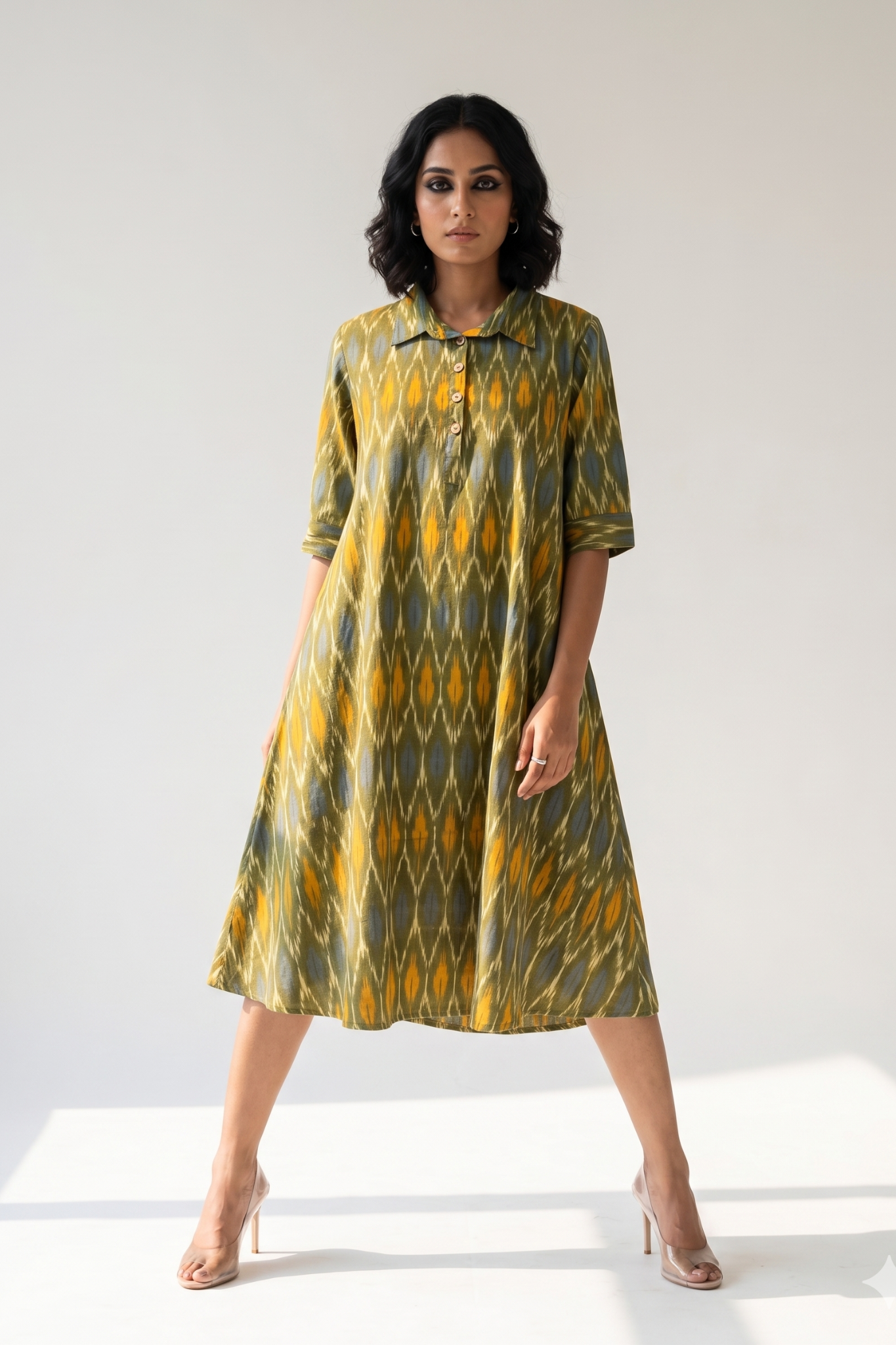 Spring Meadow Ikat Cotton Contemporary Collar Swing Dress Mc