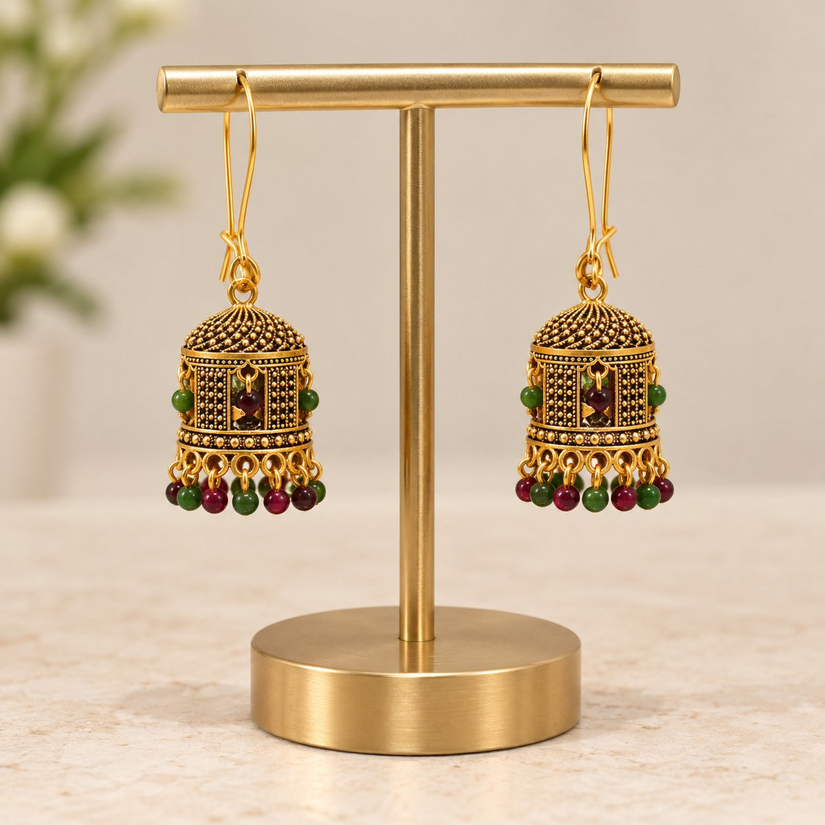 Gold-Toned Traditional Jhumka Earrings with Multicolor Bead Drops LP- 48Hr Delivery