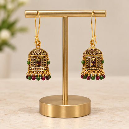 Gold-Toned Traditional Jhumka Earrings with Multicolor Bead Drops LP- 48Hr Delivery