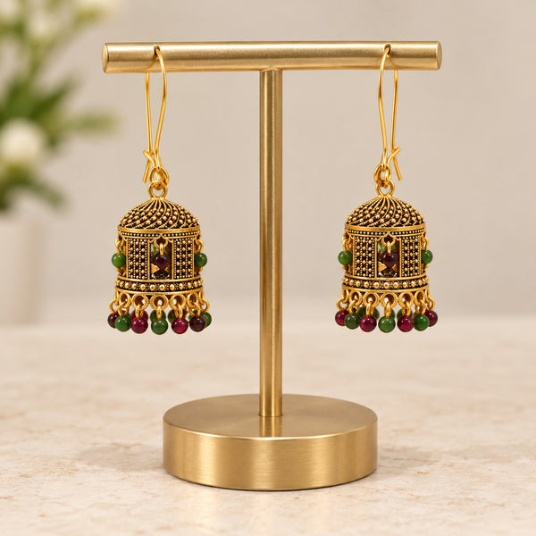 Gold-Toned Traditional Jhumka Earrings with Multicolor Bead Drops LP- 48Hr Delivery