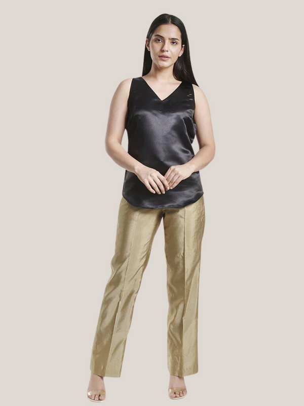 Silk Comfort fit Mid Waist Trouser - Golden Beige