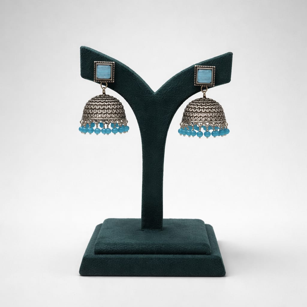 Oxidised Metal Jhumka Earrings with Blue Stone and Beads LP- 48Hr Delivery