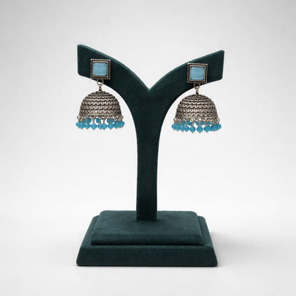 Oxidised Metal Jhumka Earrings with Blue Stone and Beads LP- 48Hr Delivery