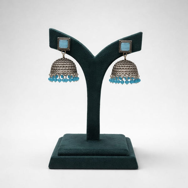 Oxidised Metal Jhumka Earrings with Blue Stone and Beads LP- 48Hr Delivery