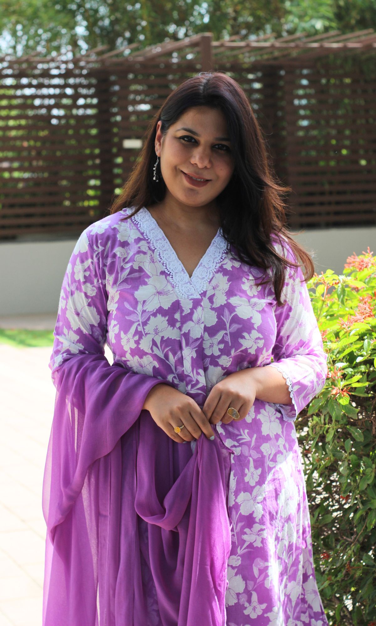Baareeki Cotton Lilac Botanica Printed Suit with Chiffon Dupatta