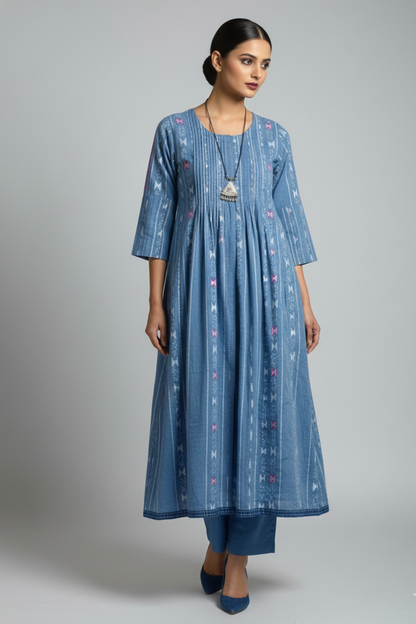 Maati Sky Denim Pintuck Yoke & Sleeve Kalidar Kurta