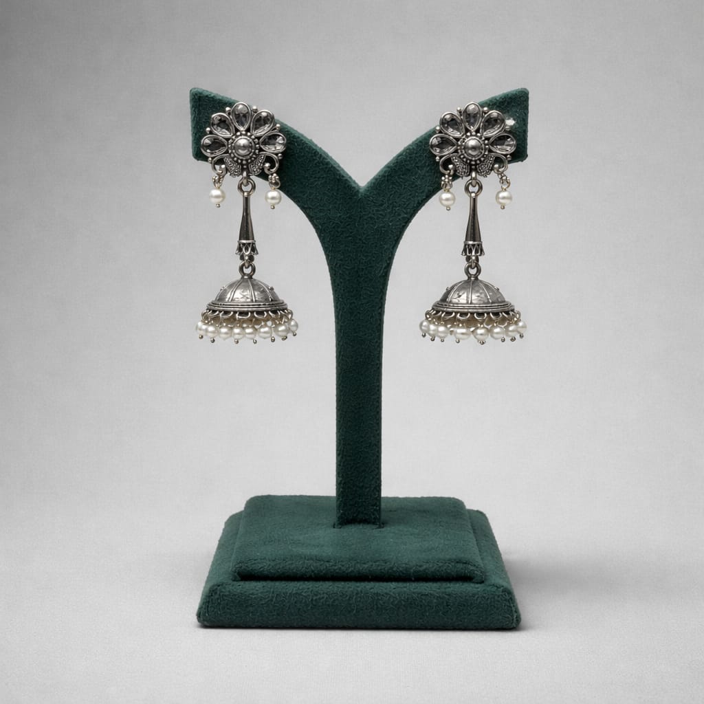 Oxidised Metal Circular Hanging Earrings with White Beads LP- 48Hr Delivery