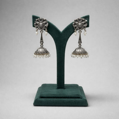 Oxidised Metal Circular Hanging Earrings with White Beads LP- 48Hr Delivery