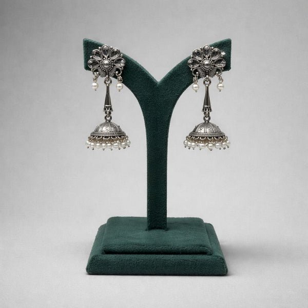 Oxidised Metal Circular Hanging Earrings with White Beads LP- 48Hr Delivery