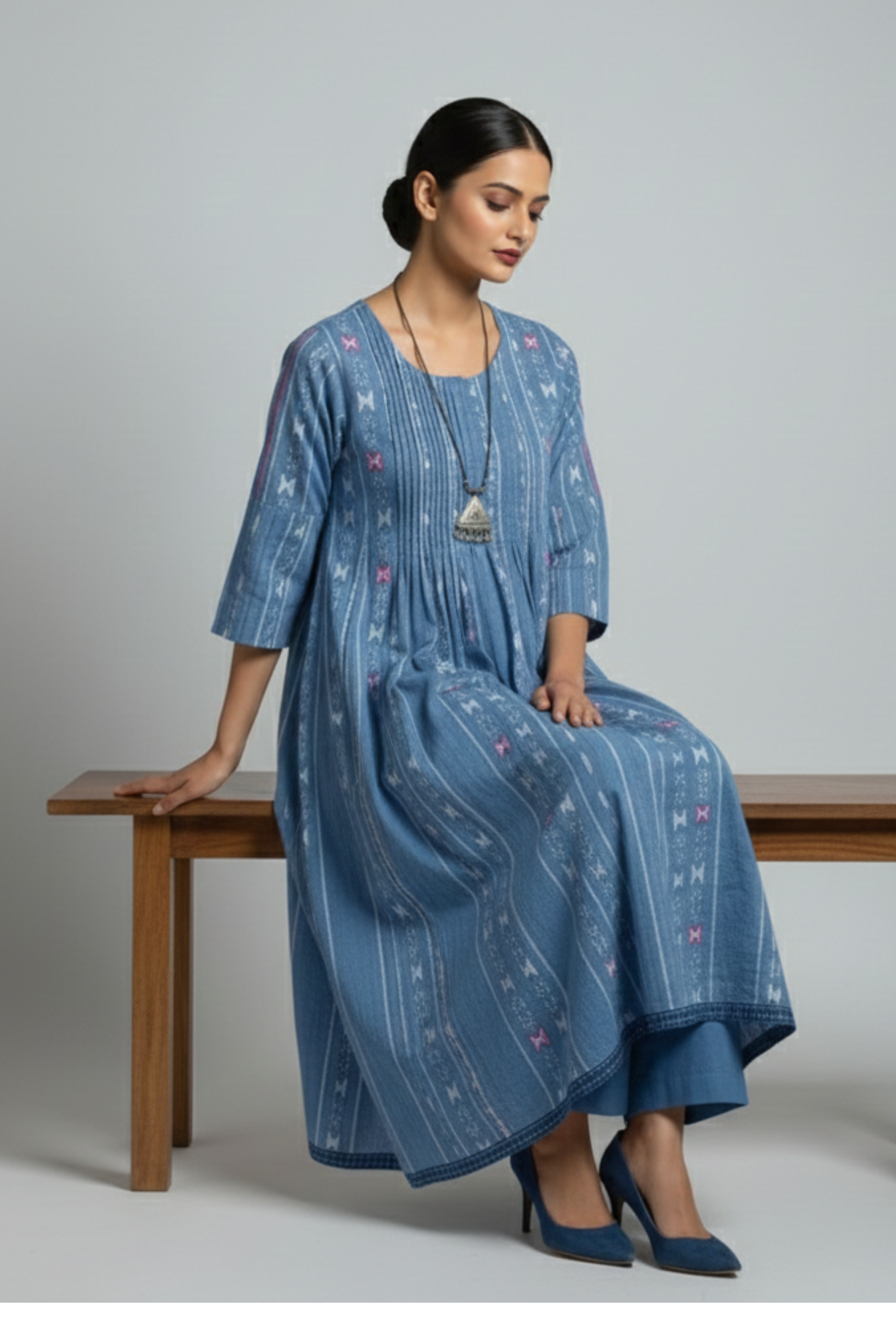 Maati Sky Denim Pintuck Yoke & Sleeve Kalidar Kurta
