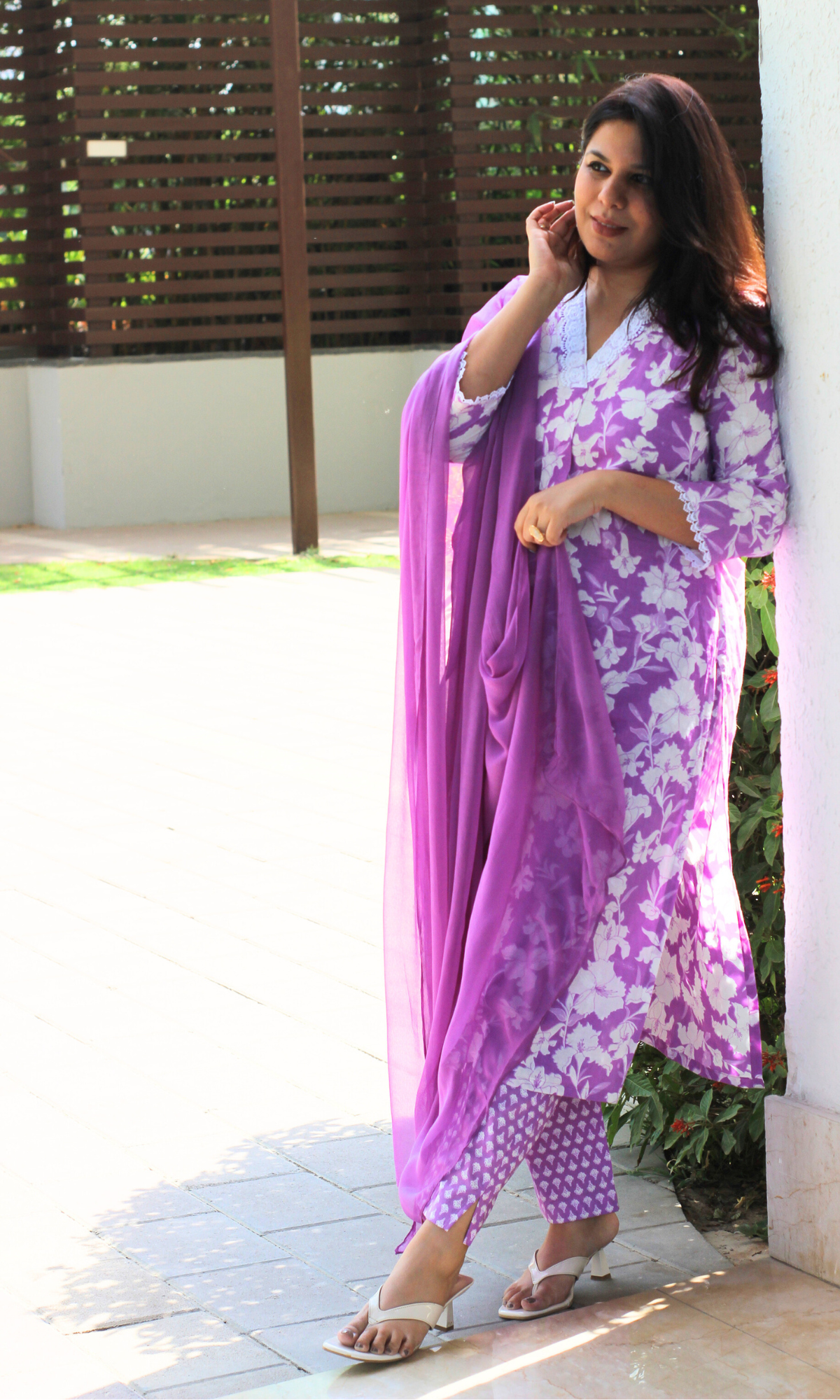 Baareeki Cotton Lilac Botanica Printed Suit with Chiffon Dupatta