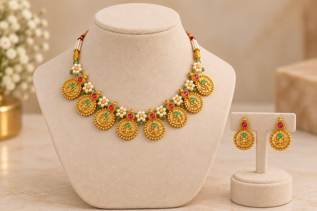 Gold-Toned Traditional Coin Necklace and Earring Set with Multicolor Stones LP- 48Hr Delivery