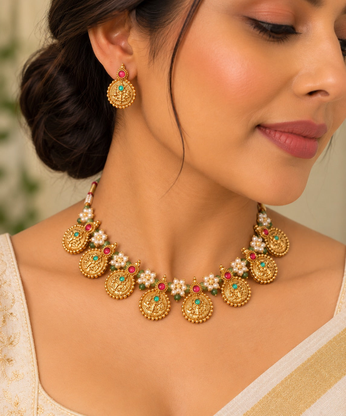 Gold-Toned Traditional Coin Necklace and Earring Set with Multicolor Stones LP- 48Hr Delivery