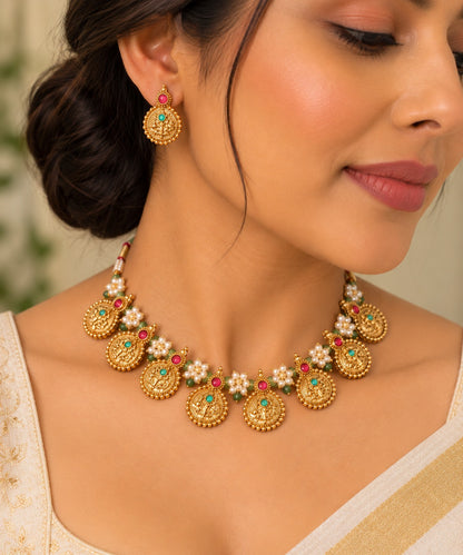 Gold-Toned Traditional Coin Necklace and Earring Set with Multicolor Stones LP- 48Hr Delivery