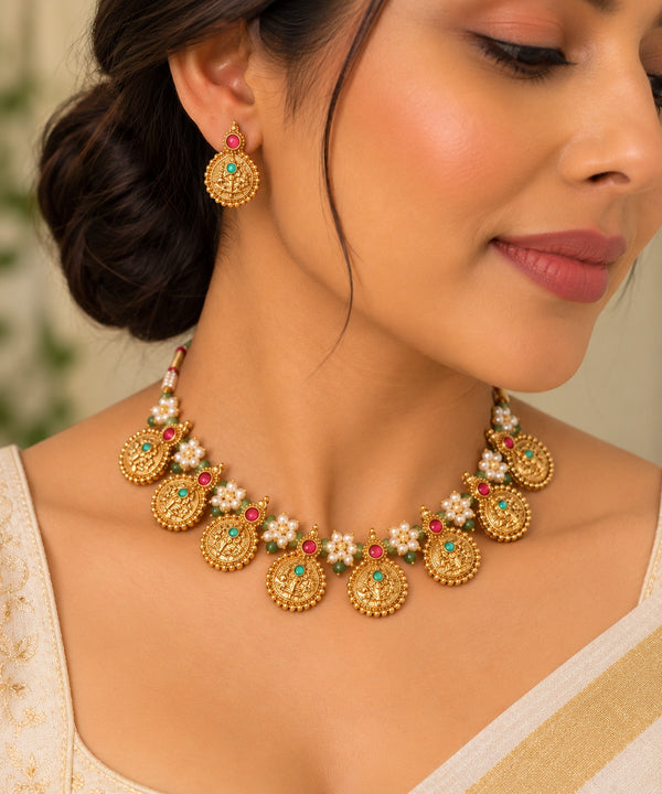 Gold-Toned Traditional Coin Necklace and Earring Set with Multicolor Stones LP- 48Hr Delivery