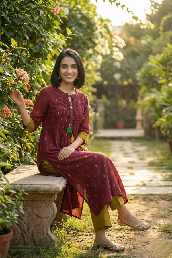 Garnet Gilt Pintuck Long Slit Kurta Top Mc