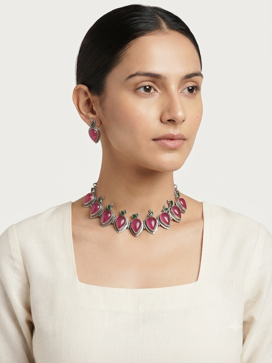 Snowy Silver Look Alike Oxidized Stone Choker
