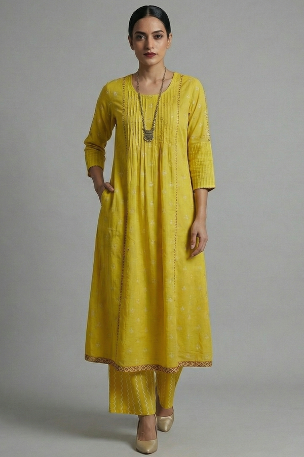 Maati Yellow Prism Pintuck Yoke & Sleeve Kalidar Kurta