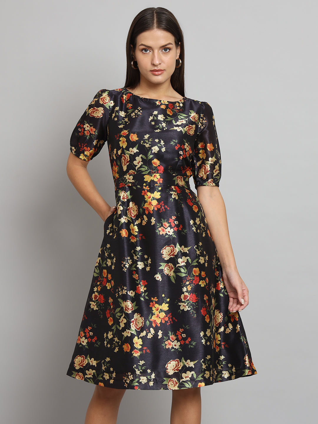 Printed Silk A-Line dress- Black