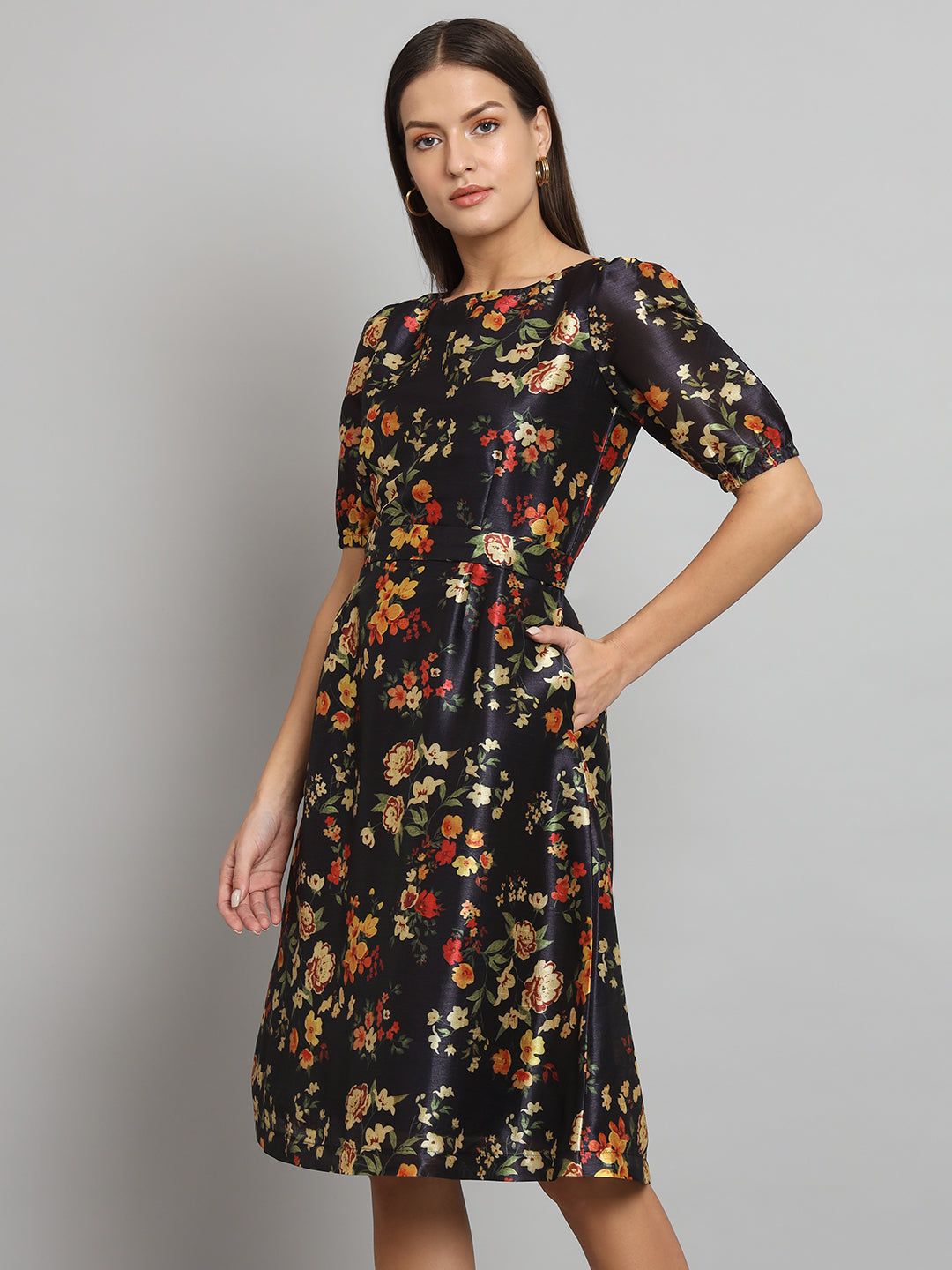 Printed Silk A-Line dress- Black