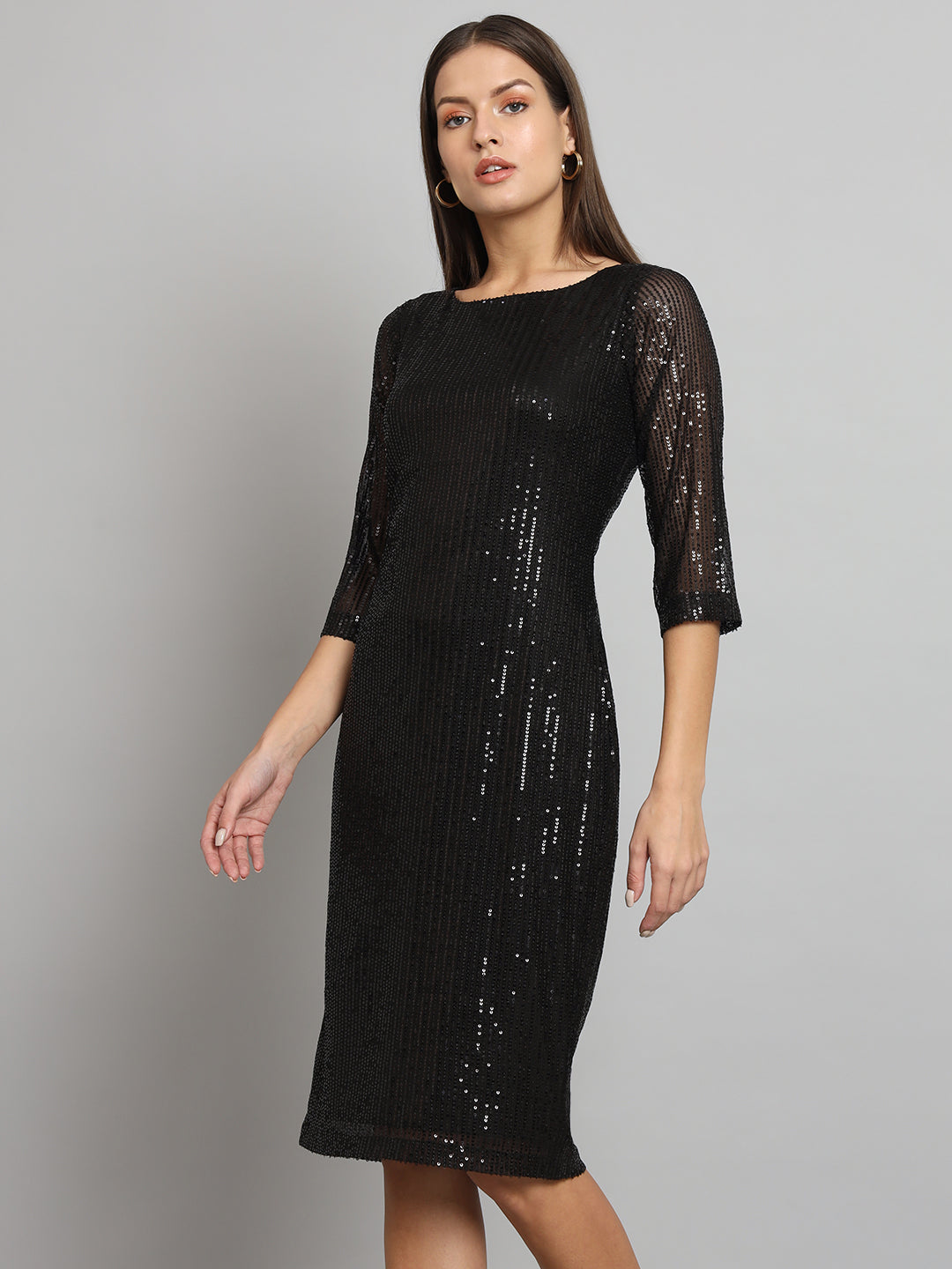 Stretch Sequins Party Dress- Black