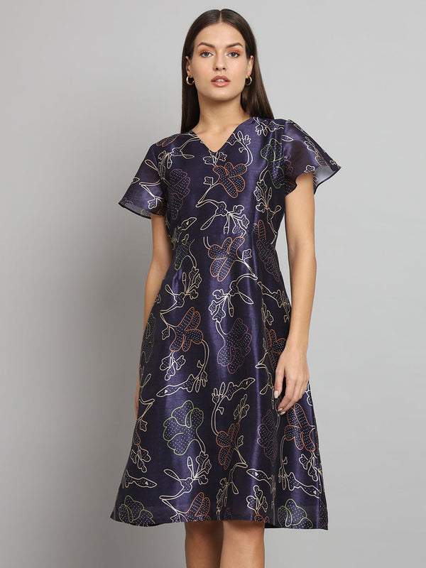 Printed Silk A-Line dress- Blue