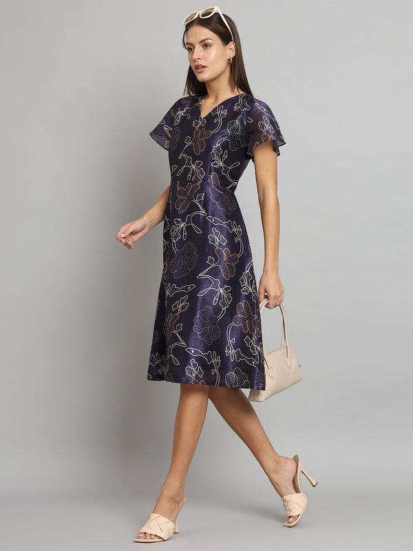 Printed Silk A-Line dress- Blue