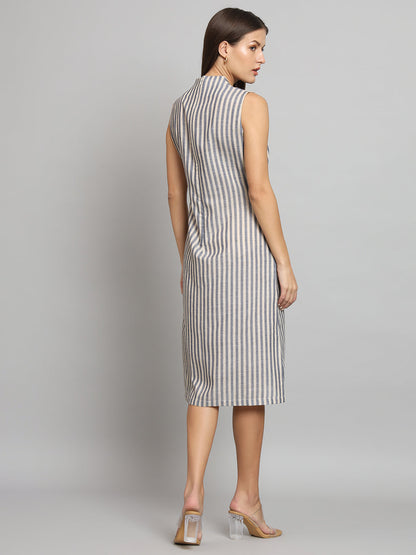 A-line Striped Poly Linen Dress- Blue and Beige