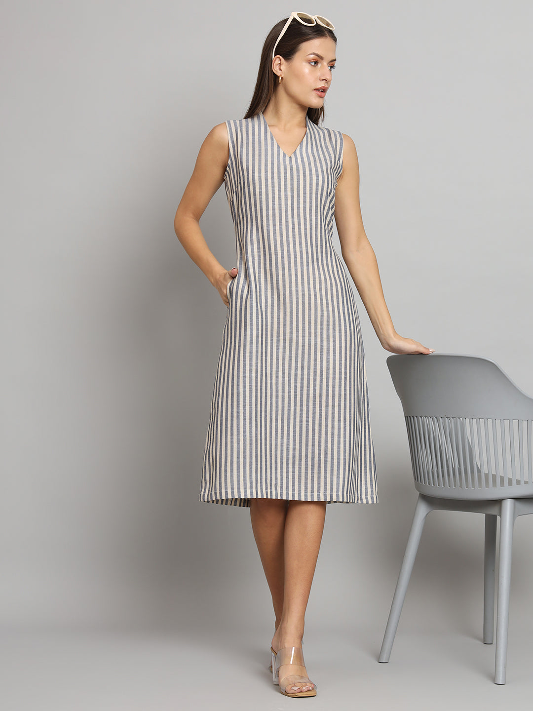 A-line Striped Poly Linen Dress- Blue and Beige