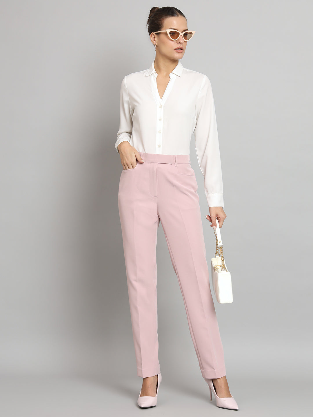 Stretch Regular Fit Mid Waist Trouser- Baby Pink