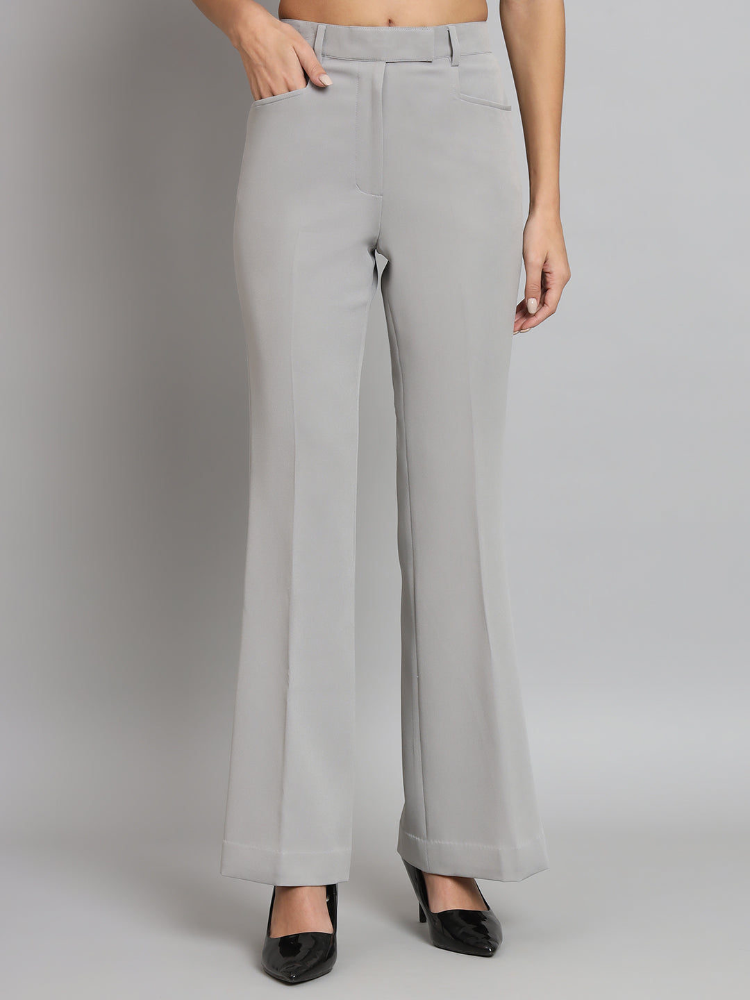 Mid Waist Bell Bottom Stretch Trouser - Grey