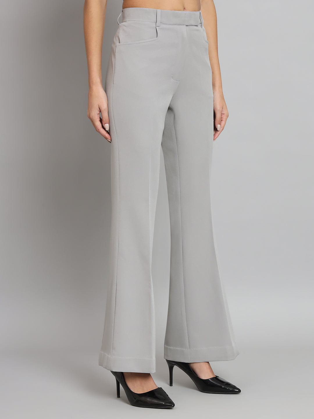 Mid Waist Bell Bottom Stretch Trouser - Grey