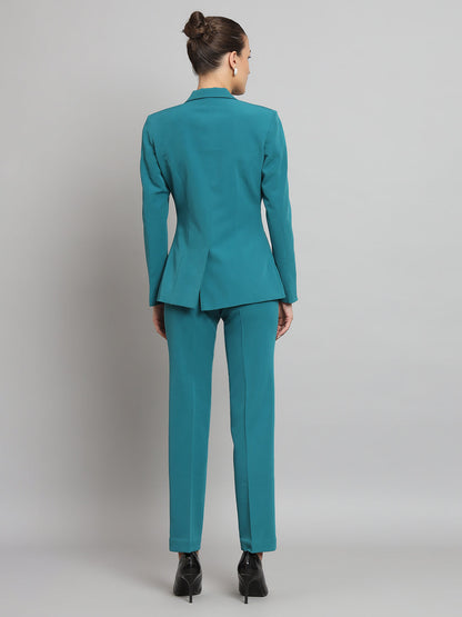 Notch Collar Stretch Pant Suit- Teal Green