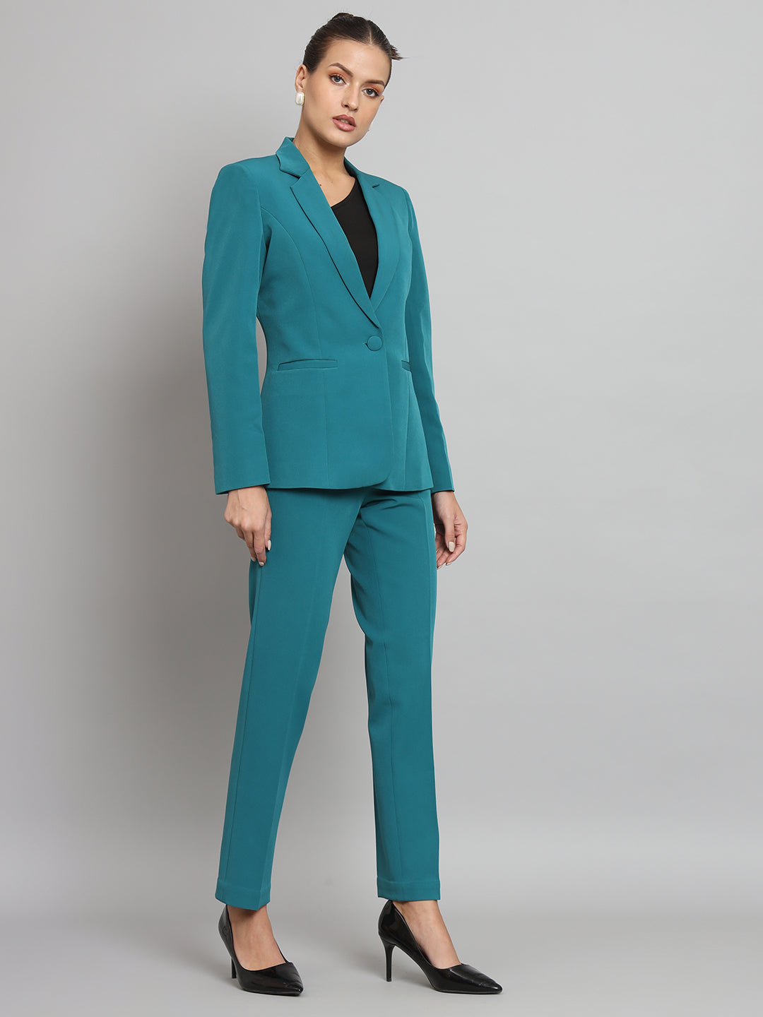 Notch Collar Stretch Pant Suit- Teal Green