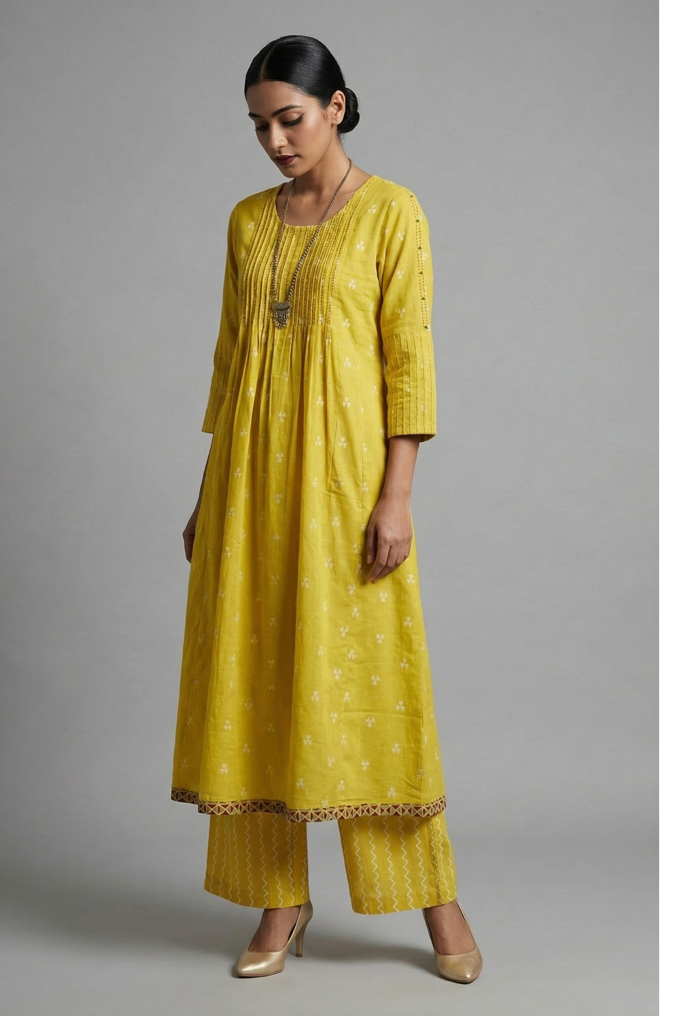 Maati Yellow Prism Pintuck Yoke & Sleeve Kalidar Kurta