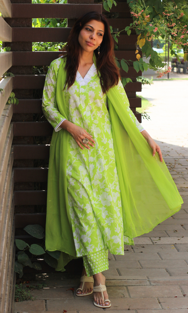 Baareeki Cotton Lawn Green Botanica Printed Suit with Chiffon Dupatta