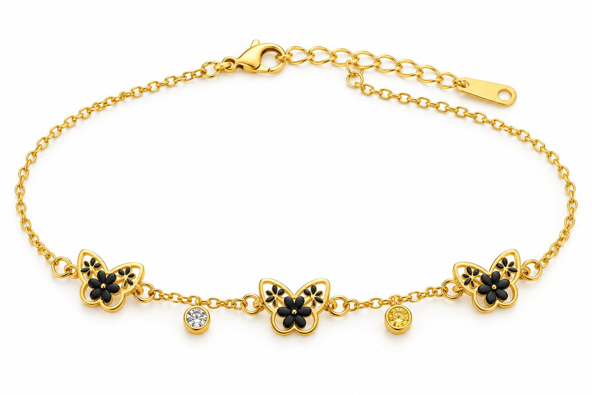 Gold-Tone Butterfly Charm Bracelet with Black Floral Details LP- 48Hr Delivery