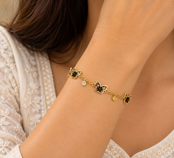 Gold-Tone Butterfly Charm Bracelet with Black Floral Details LP- 48Hr Delivery