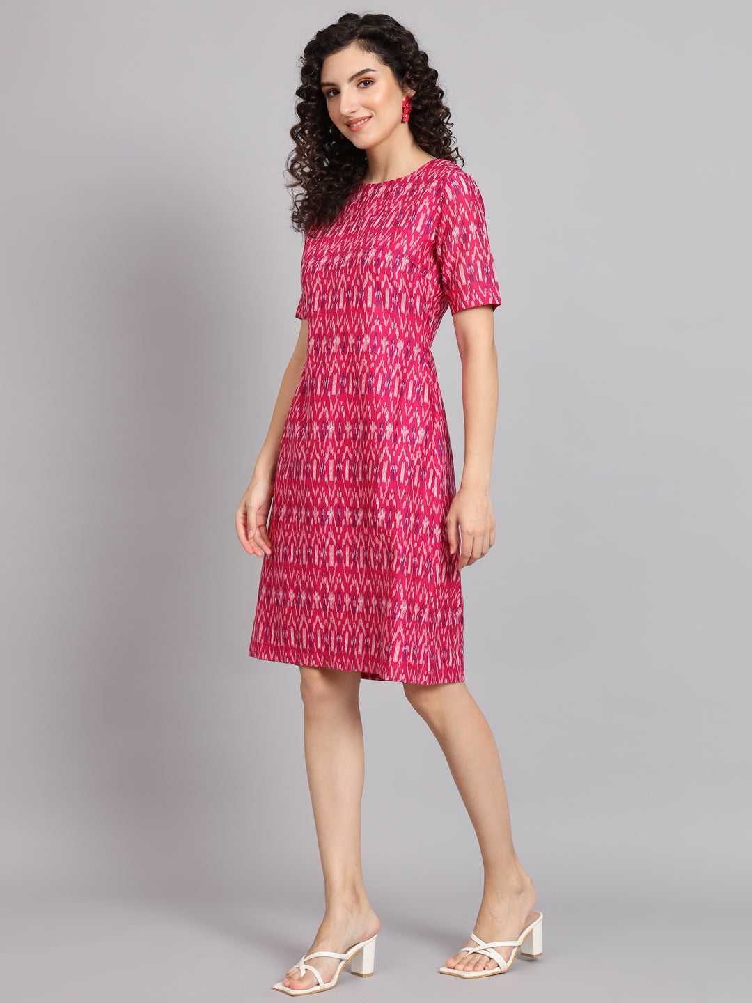 A Line Cotton Printed Dress - Pink