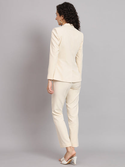 Regular Fit Notched Collar Stretch Pant Suit  - Off White