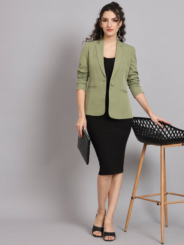 Notched Collar  Blazer - Olive Green