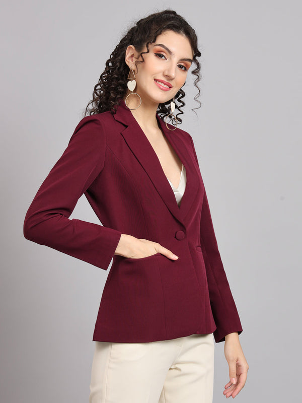 Notched Collar  Blazer - Maroon