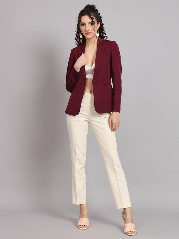 Notched Collar  Blazer - Maroon