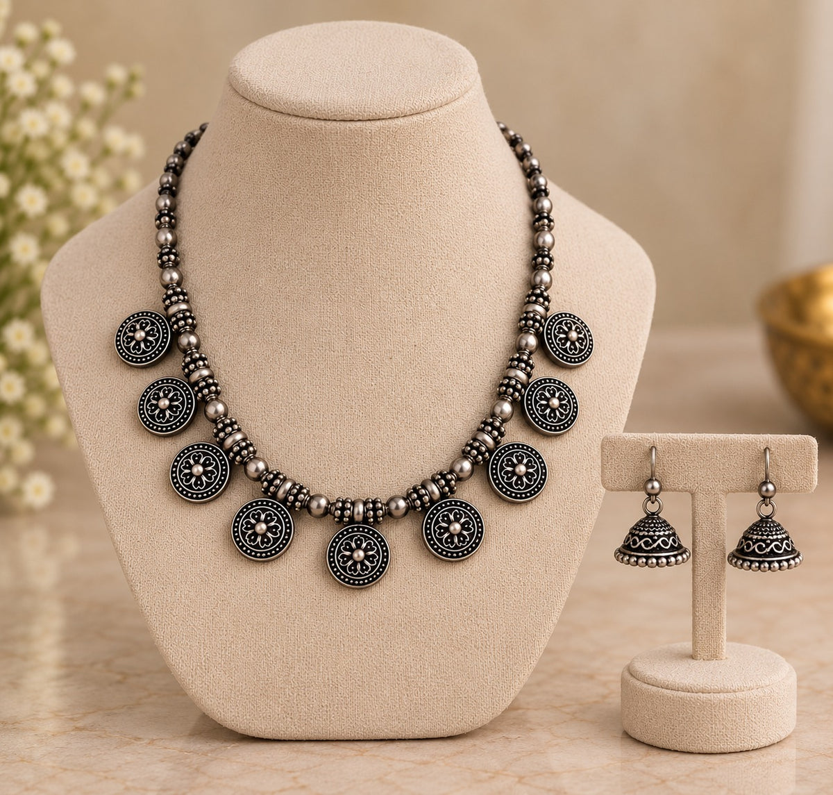 Oxidised Silver-Tone Tribal Necklace Set with Jhumka Earrings LP- 48Hr Delivery