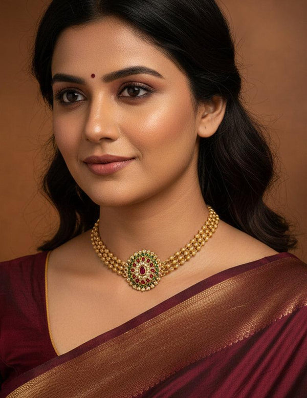 Kemp & Ad Stone pendant with Triple layer Antique Choker Necklace