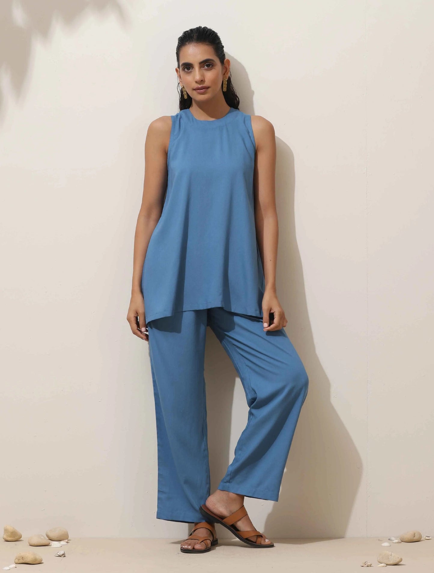 trueBrowns Blue Viscose Solid Co-ord Set