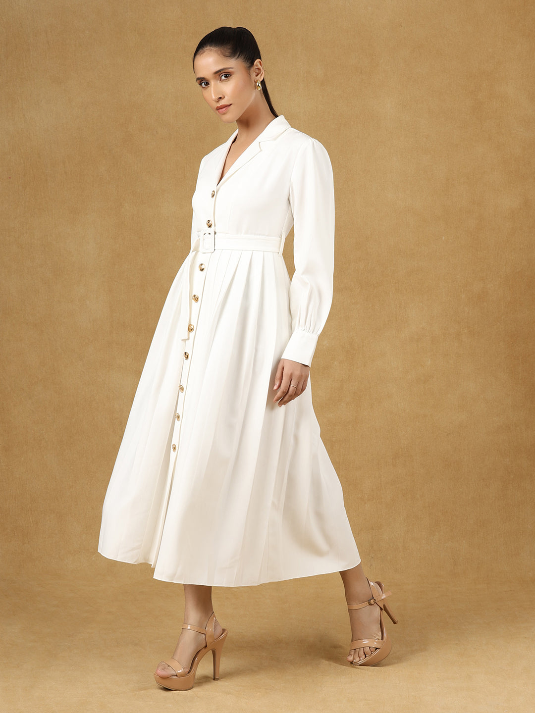 White Solid Notched Collar Midi Dress